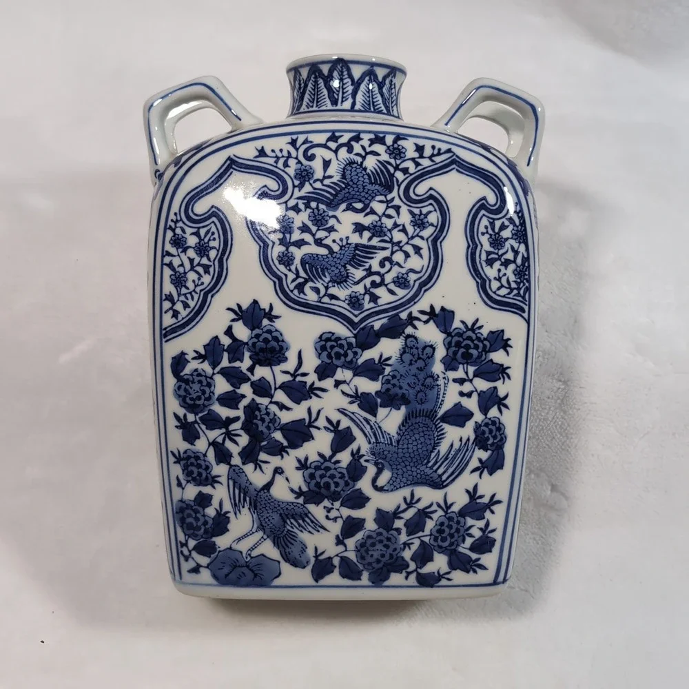 Vtg Chinese Moon Flask Vase Blue White 4 Handle Phoenix Peony Floral Chinoiserie